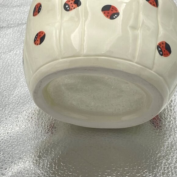 Hand-Painted Ceramic Planter Ladybug Basket White Pink Ribbon Handles Candy Dish - Picture 6 of 9